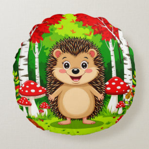 Cojín Redondo Erizo Lindo en un Bosque Brillante