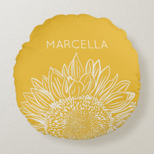 Cojín Redondo Esbozo de girasol Nombre personalizado moderno