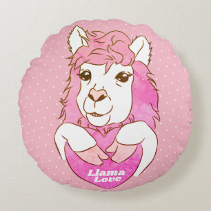 Cojín Redondo Esbozo de Llama Rosa y puntos de polka Llama amor