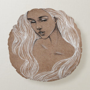 Cojín Redondo Esbozo de retrato: Ilustracion joven Chica
