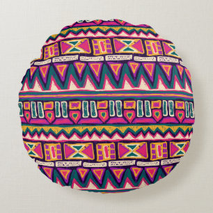 Cojín Redondo Esbozos tribales: patrón azteca dibujado a mano.