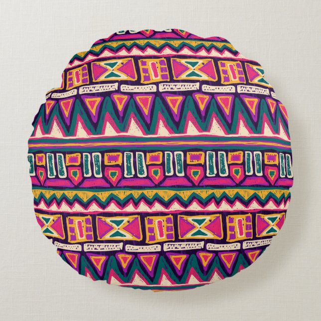 Cojín Redondo Esbozos tribales: patrón azteca dibujado a mano. (Anverso)