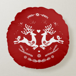 Cojín Redondo Escándalo festivo lindo Navidad blanco rojo venado