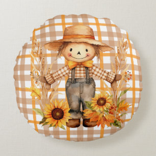 Cojín Redondo Escarecrow sobre Brown y el Naranja Gingham Plaid