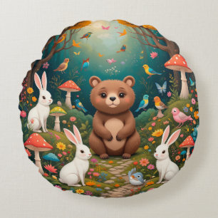 Cojín Redondo Escena caprichosa del bosque con animales lindos
