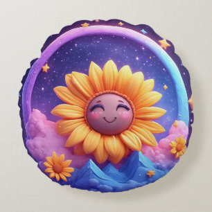 Cojín Redondo Escena caprichosa rodeada de girasoles