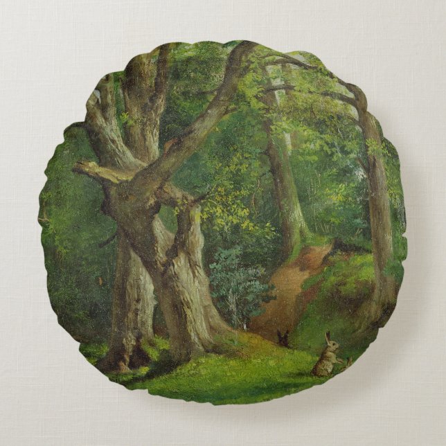Cojín Redondo Escena con los conejos, 1862 del arbolado (aceite (Anverso)