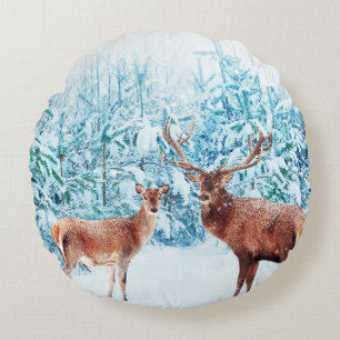 Cojín Redondo Escena De Invierno De La Familia Snowy Deer