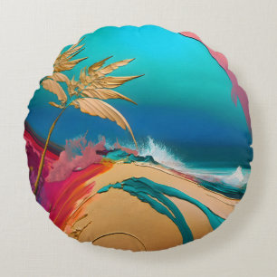 Cojín Redondo Escena de playa tropical abstracta vibrante
