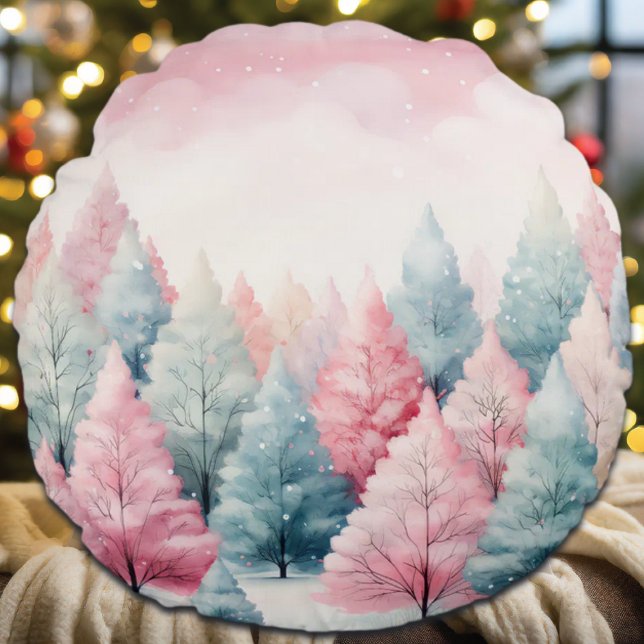 Cojín Redondo Escena invernal de árboles de aves marinas y rosas (Subido por el creador)