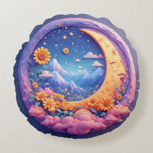 Cojín Redondo Escena lunar caprichosa rodeada de girasoles