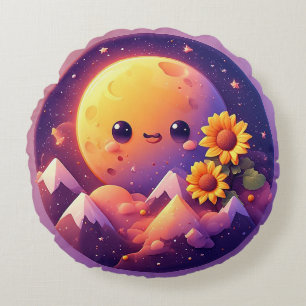 Cojín Redondo Escena lunar caprichosa rodeada de girasoles