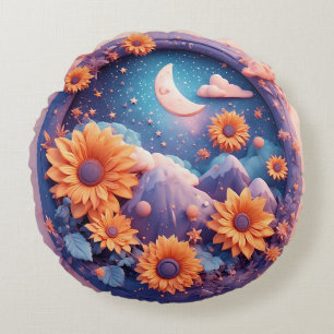 Cojín Redondo Escena lunar caprichosa rodeada de girasoles