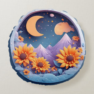 Cojín Redondo Escena lunar caprichosa rodeada de girasoles