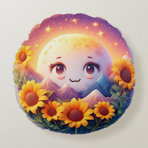 Cojín Redondo Escena lunar caprichosa rodeada de girasoles