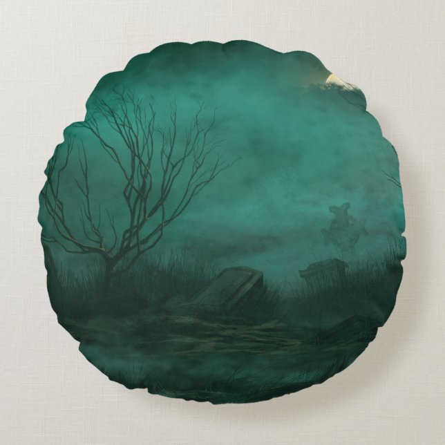 Cojín Redondo Escena nocturna del Cementerio Abandonado (Anverso)