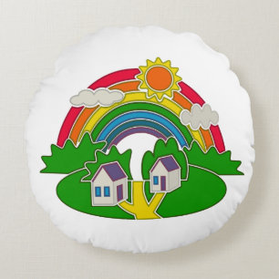 Cojín Redondo Escena rural de dibujos animados con arco iris y c