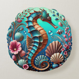 Cojín Redondo Escena vibrante de caballito de mar y arrecife de 