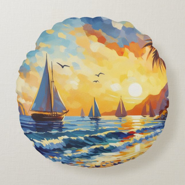 Cojín Redondo Escenario De Playa Tropical Con Barcos De Vela (Anverso)