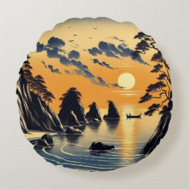 Cojín Redondo Escenario japonés de playa de atardecer en la cost