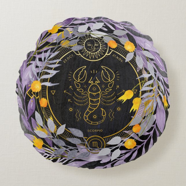Cojín Redondo Escordancia floral Escorpio con símbolo zodiaco (Anverso)