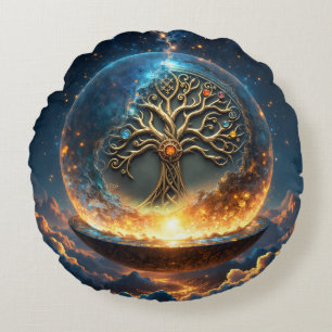 Cojín Redondo Esfera de la Vida – El Árbol del Mundo Dorado.