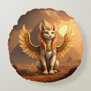 Cojín Redondo Esfinge De Gato Aguila Mística - Arte De Fantasía