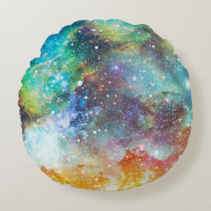 Cojín Redondo Espacio futurista, fondo nebuloso estrellado.