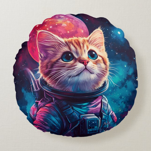 Cojín Redondo Espacio rosa astronauta de gato (Anverso)