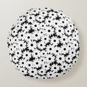 Cojín Redondo Espacios negativos Daisies blancos sobre negro