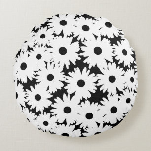 Cojín Redondo Espacios negativos Daisies blancos sobre negro