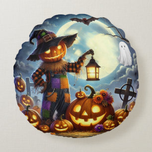 Cojín Redondo Espantapájaros y calabazas de Halloween