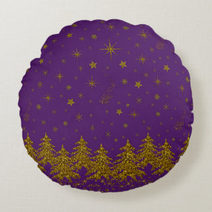 Cojín Redondo Espantoso árbol de Navidad dorado, estrellas, niev