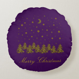 Cojín Redondo Espantoso árbol de Navidad dorado, luna, estrellas
