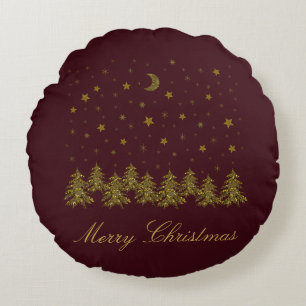 Cojín Redondo Espeluznante árbol de Navidad dorado, luna, estrel