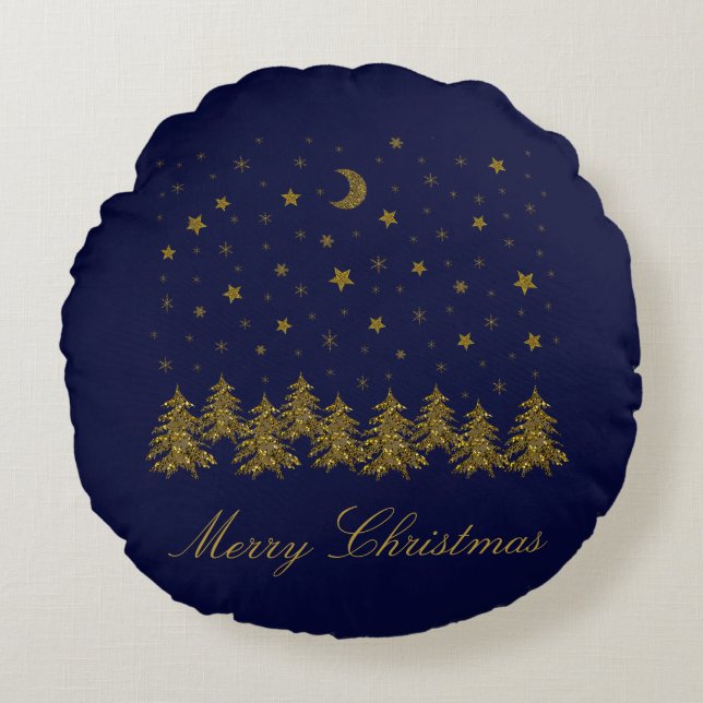 Cojín Redondo Espeluznante árbol de Navidad dorado, luna, estrel (Anverso)