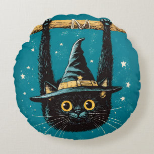 Cojín Redondo Espeluznante Bruja de gato negro volador