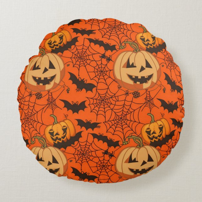 Cojín Redondo Espeluznante Patrón de Halloween sin foco (Anverso)