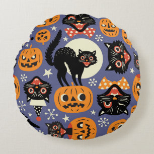 Cojín Redondo Espeluznantes Calabazas De Gatos Patrón Púrpura