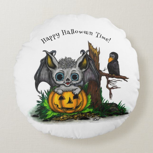 Cojín Redondo Esperando Halloween , Cute Bat y Raven (Anverso)