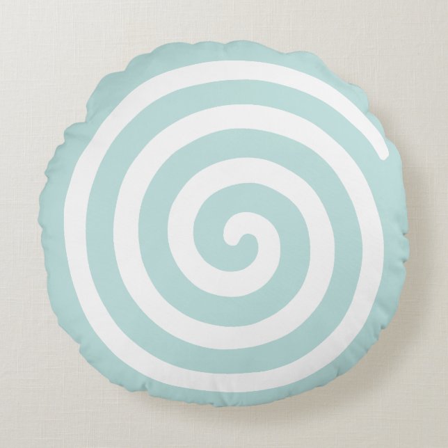 Cojín Redondo Espiral abstracta en azul claro y blanco (Anverso)