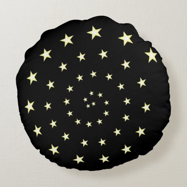 Cojín Redondo Espiral de estrellas elegantes en negro (Reverso)