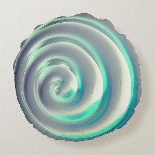 Cojín Redondo Espiral de plata gigante y aguamarina sobre blanco