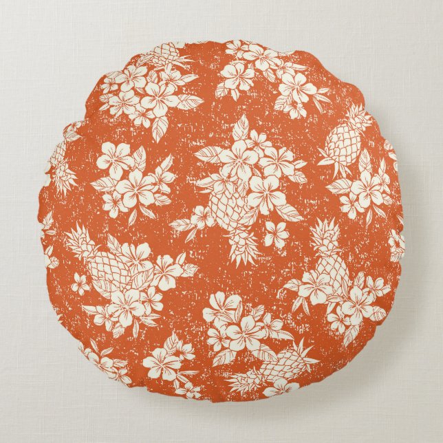 Cojín Redondo Espíritu Aloha: Armonía Hibiscus-Pineapple. (Anverso)
