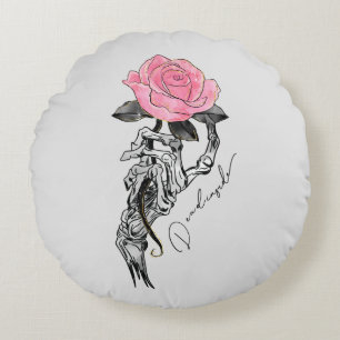 Cojín Redondo Esqueleto De Mano De gótico Con Rosa Rosa Rosa Ros