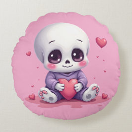 Cojín Redondo Esqueleto Kawaii Sosteniendo Corazón