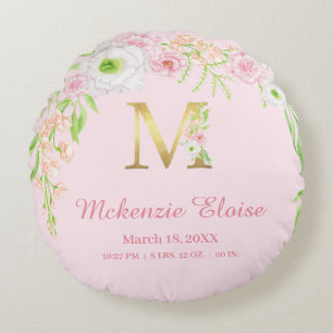 Cojín Redondo Estadísticas de bebé niña con monograma "M" floral