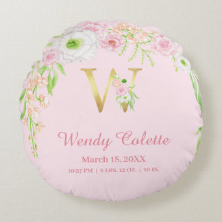 Cojín Redondo Estadísticas de bebé niña con monograma "W" en ros