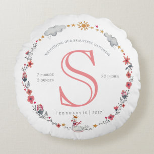 Cojín Redondo estadísticas de nacimiento de bebé cisne rosa lind