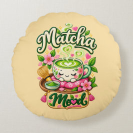 Cojín Redondo Estado de ánimo de Matcha – Té de Matcha Kawaii Ad